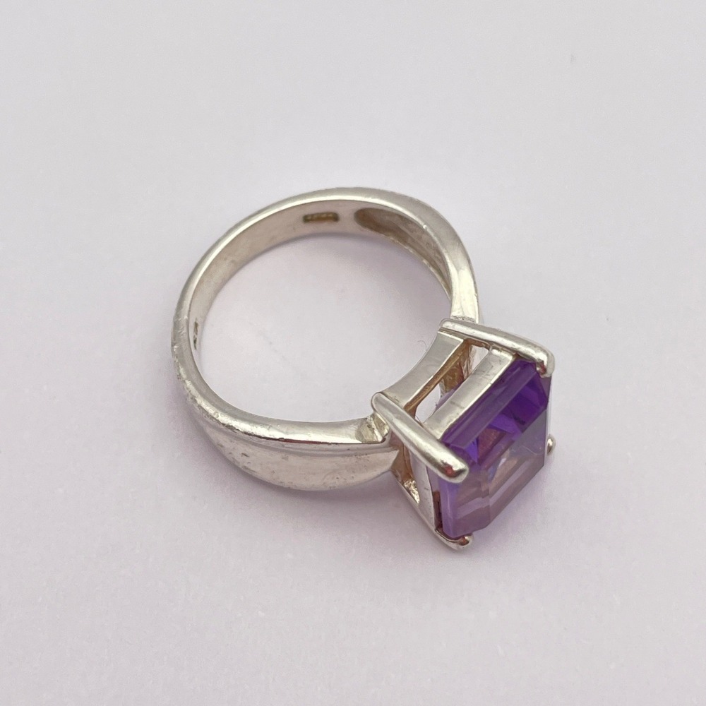 Sterling Silver Amethyst Purple Color Emerald Cut Solitaire CZ Cocktail Ring - Picture 8 of 10